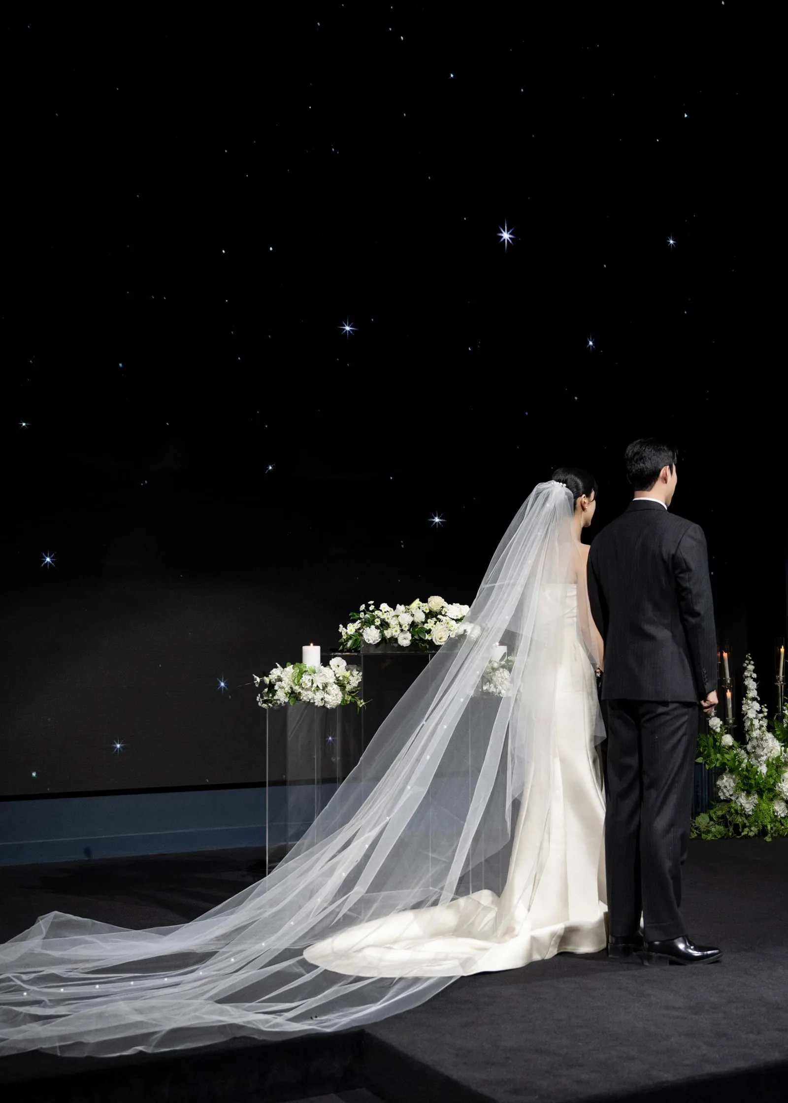 컬러 — 별빛 연출 배경 앞에서 긴 베일의 신부와 다크 수트 신랑이 뒷모습으로 서 있는 예식